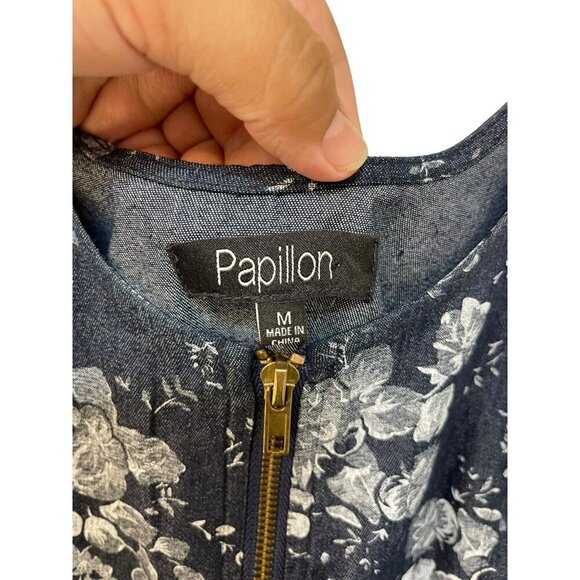Papillon Denim Floral Mini Dress Full Zip Closure With Pockets Size M - Picture 3 of 6